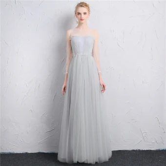 Modest Simple Grey See Through Bridesmaid Dresses 2019 A Line Princess Square Neckline Puffy 3 4 Sleeve Floor Length Long Ruffle Backless Wedding Party Dresses