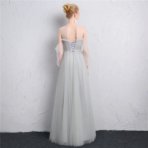 Simple Gris Transparentes Robe Demoiselle D'honneur 2019 Princesse Encolure Carrée Gonflée 3/4 Manches Longue Volants Dos Nu Robe Pour Mariage