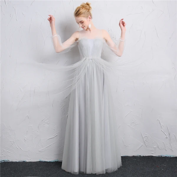 Simple Gris Transparentes Robe Demoiselle D'honneur 2019 Princesse Encolure Carrée Gonflée 3/4 Manches Longue Volants Dos Nu Robe Pour Mariage