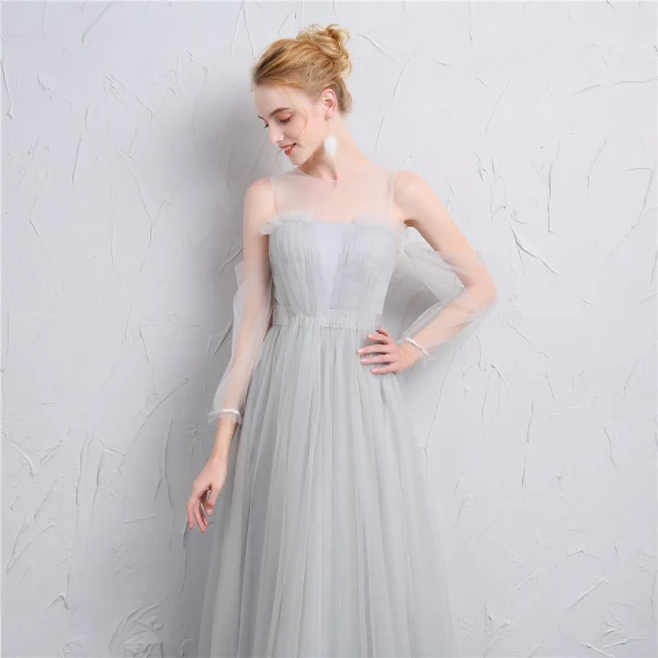 Simple Gris Transparentes Robe Demoiselle D'honneur 2019 Princesse Encolure Carrée Gonflée 3/4 Manches Longue Volants Dos Nu Robe Pour Mariage