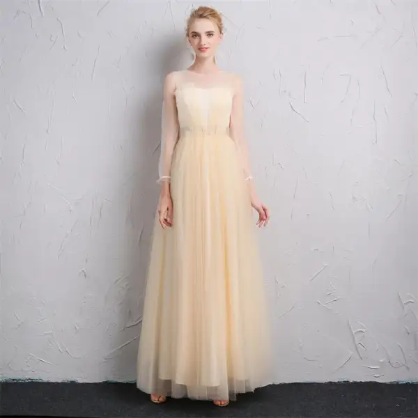 Simple Gris Transparentes Robe Demoiselle D'honneur 2019 Princesse Encolure Carrée Gonflée 3/4 Manches Longue Volants Dos Nu Robe Pour Mariage