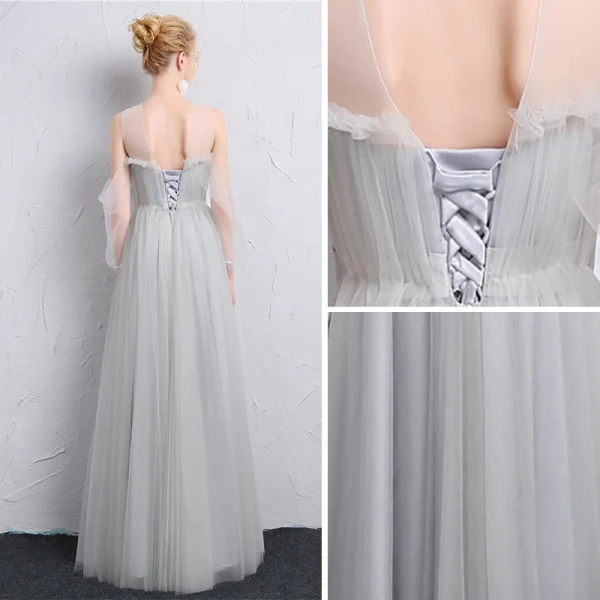 Simple Gris Transparentes Robe Demoiselle D'honneur 2019 Princesse Encolure Carrée Gonflée 3/4 Manches Longue Volants Dos Nu Robe Pour Mariage