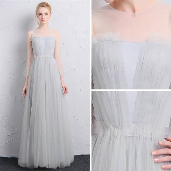 Simple Gris Transparentes Robe Demoiselle D'honneur 2019 Princesse Encolure Carrée Gonflée 3/4 Manches Longue Volants Dos Nu Robe Pour Mariage
