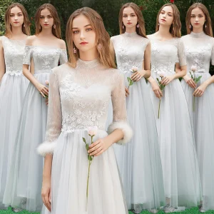 Discount Grey Bridesmaid Dresses 2019 A Line Princess Appliques Lace Floor Length Long Backless Wedding Party Dresses