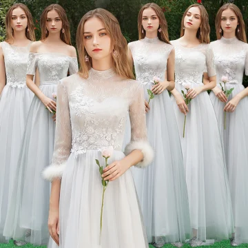 Descuento Gris Vestidos De Damas De Honor 2019 A Line Princess Apliques Con Encaje Largos Sin Espalda Vestidos Para Bodas