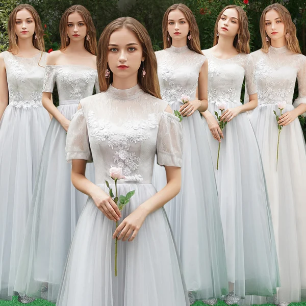 Discount Grey Bridesmaid Dresses 2019 A-Line / Princess Appliques Lace Floor-Length / Long Backless Wedding Party Dresses