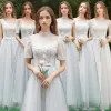 Discount Grey Bridesmaid Dresses 2019 A-Line / Princess Appliques Lace Floor-Length / Long Backless Wedding Party Dresses