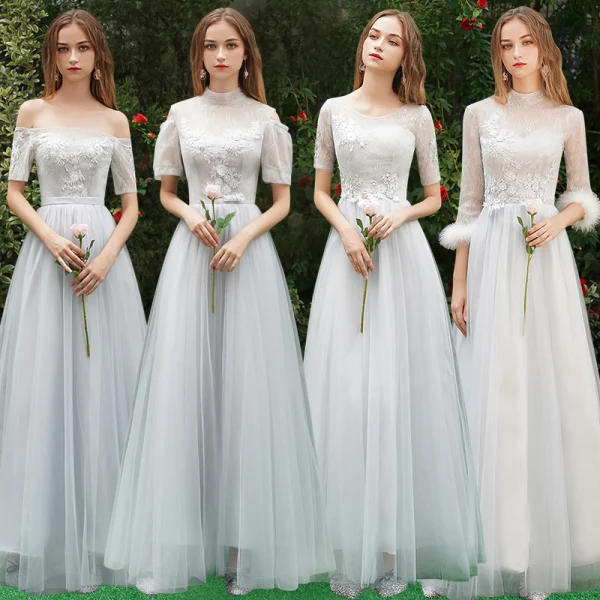 Discount Grey Bridesmaid Dresses 2019 A-Line / Princess Appliques Lace Floor-Length / Long Backless Wedding Party Dresses