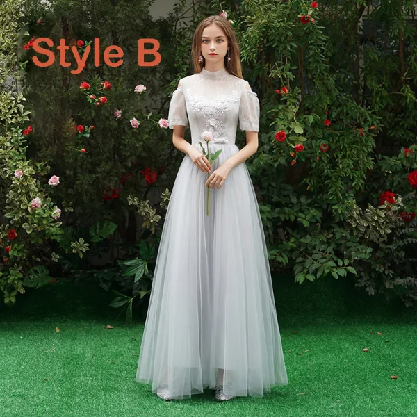 Discount Grey Bridesmaid Dresses 2019 A-Line / Princess Appliques Lace Floor-Length / Long Backless Wedding Party Dresses