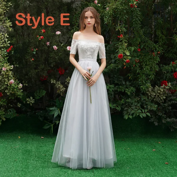 Discount Grey Bridesmaid Dresses 2019 A-Line / Princess Appliques Lace Floor-Length / Long Backless Wedding Party Dresses