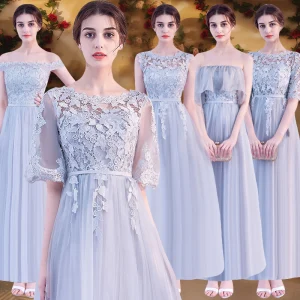 Chic Beautiful Affordable Grey Bridesmaid Dresses 2019 A Line Princess Sash Appliques Lace Floor Length Long Backless Wedding Party Dresses