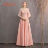 Affordable Pearl Pink Satin Bridesmaid Dresses 2019 A-Line / Princess Sash Appliques Lace Floor-Length / Long Backless Wedding Party Dresses