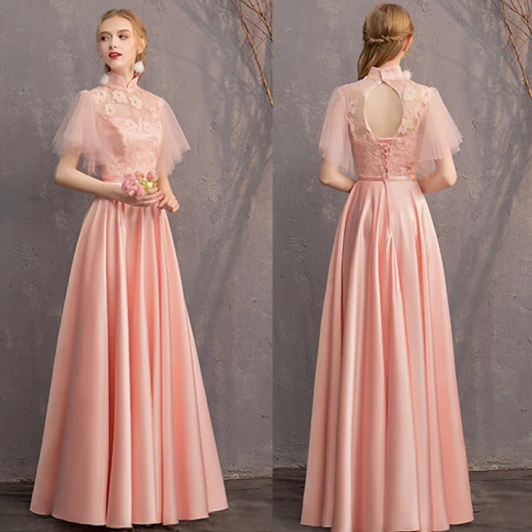 Abordable Perle Rose Satin Robe Demoiselle D'honneur 2019 Princesse Ceinture Appliques En Dentelle Longue Dos Nu Robe Pour Mariage