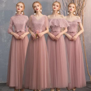 Chic Belle Perle Rose Dentelle Robe Demoiselle D 039 Honneur 2019 Princesse Noeud Ceinture Longue Volants Dos Nu Robe Pour Mariage