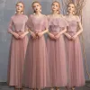 Piękne Różowy Perłowy Koronkowe Sukienki Dla Druhen 2019 Princessa Kokarda Szarfa Długie Wzburzyć Bez Pleców Sukienki Na Wesele
