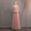 Piękne Różowy Perłowy Koronkowe Sukienki Dla Druhen 2019 Princessa Kokarda Szarfa Długie Wzburzyć Bez Pleców Sukienki Na Wesele