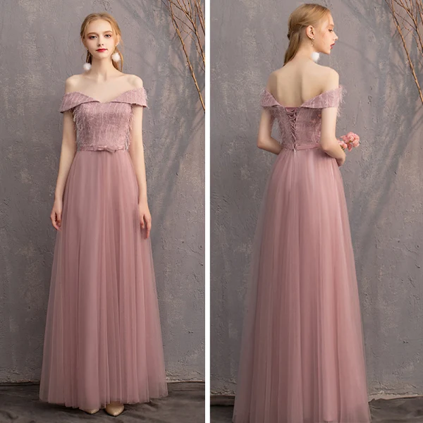 Schöne Pearl Rosa Spitze Brautjungfernkleider 2019 A Linie Schleife Stoffgürtel Lange Rüschen Rückenfreies Kleider Für Hochzeit