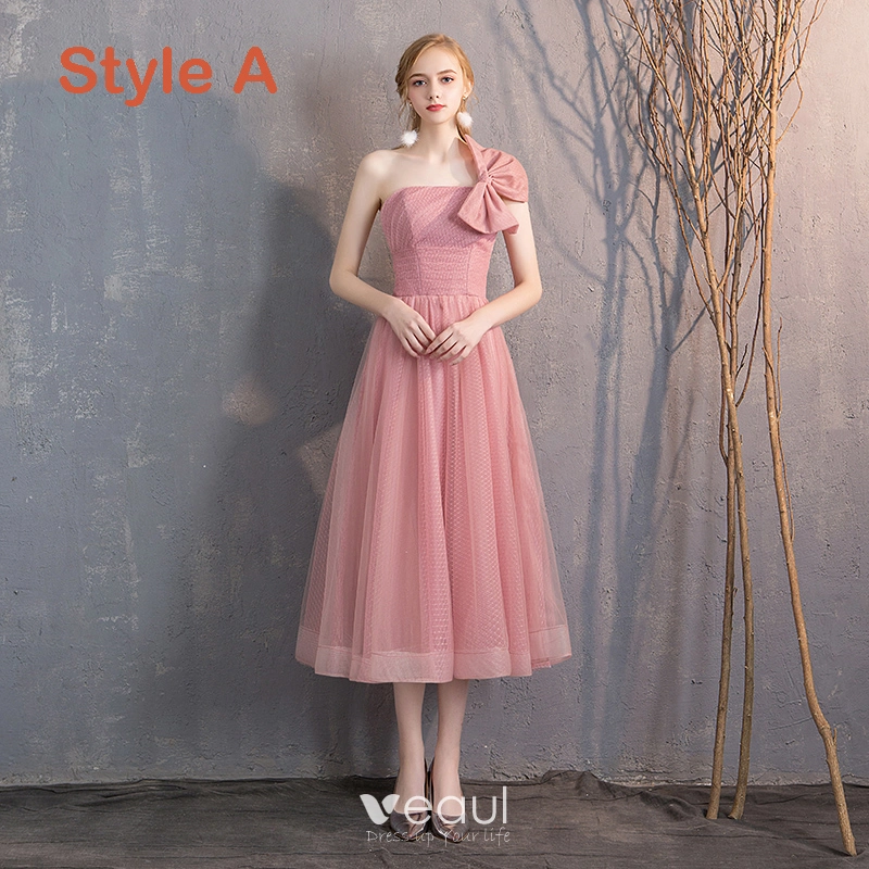 Affordable Candy Pink Bridesmaid Dresses 2019 A-Line / Princess Spotted Tulle Short Ruffle Backless Wedding Party Dresses
