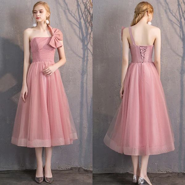 Affordable Candy Pink Bridesmaid Dresses 2019 A-Line / Princess Spotted Tulle Short Ruffle Backless Wedding Party Dresses