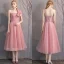 Affordable Candy Pink Bridesmaid Dresses 2019 A-Line / Princess Spotted Tulle Short Ruffle Backless Wedding Party Dresses