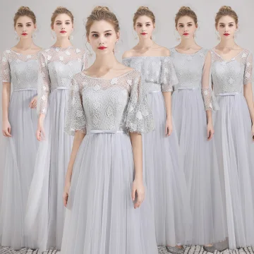 Affordable Grey Lace Bridesmaid Dresses 2019 A Line Princess Bow Sash Floor Length Long Ruffle Backless Wedding Party Dresses
