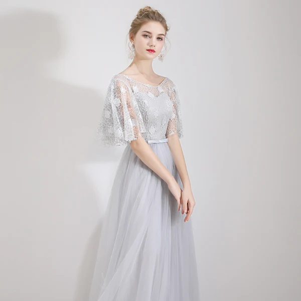 Affordable Grey Lace Bridesmaid Dresses 2019 A-Line / Princess Bow Sash Floor-Length / Long Ruffle Backless Wedding Party Dresses