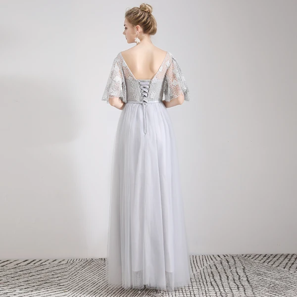 Affordable Grey Lace Bridesmaid Dresses 2019 A-Line / Princess Bow Sash Floor-Length / Long Ruffle Backless Wedding Party Dresses