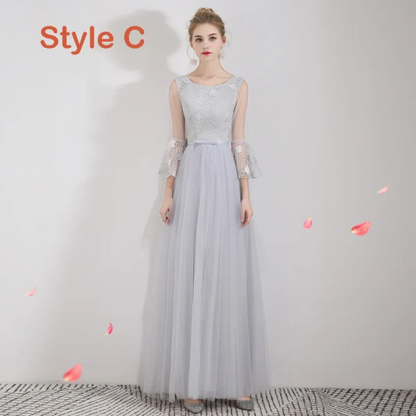 Affordable Grey Lace Bridesmaid Dresses 2019 A-Line / Princess Bow Sash Floor-Length / Long Ruffle Backless Wedding Party Dresses