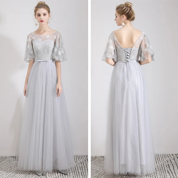 Affordable Grey Lace Bridesmaid Dresses 2019 A-Line / Princess Bow Sash Floor-Length / Long Ruffle Backless Wedding Party Dresses
