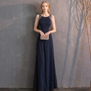 Meilleur Bleu Marine Robe De Soirée 2019 Trompette Sirène Encolure Dégagée Sans Manches Fait Main Perlage Longue Dos Nu Robe De Ceremonie