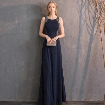 Meilleur Bleu Marine Robe De Soirée 2019 Trompette Sirène Encolure Dégagée Sans Manches Fait Main Perlage Longue Dos Nu Robe De Ceremonie