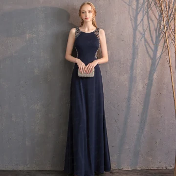 Meilleur Bleu Marine Robe De Soirée 2019 Trompette Sirène Encolure Dégagée Sans Manches Fait Main Perlage Longue Dos Nu Robe De Ceremonie