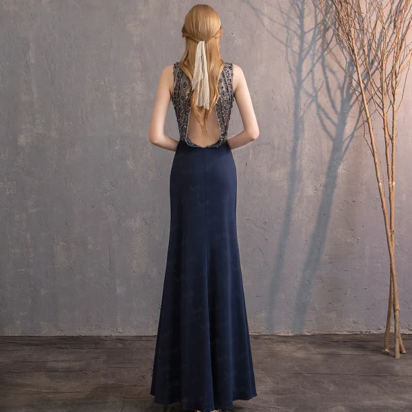 Meilleur Bleu Marine Robe De Soirée 2019 Trompette / Sirène Encolure Dégagée Sans Manches Fait main Perlage Longue Dos Nu Robe De Ceremonie