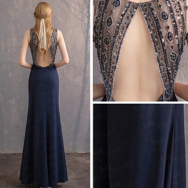 Meilleur Bleu Marine Robe De Soirée 2019 Trompette / Sirène Encolure Dégagée Sans Manches Fait main Perlage Longue Dos Nu Robe De Ceremonie
