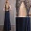 Meilleur Bleu Marine Robe De Soirée 2019 Trompette / Sirène Encolure Dégagée Sans Manches Fait main Perlage Longue Dos Nu Robe De Ceremonie
