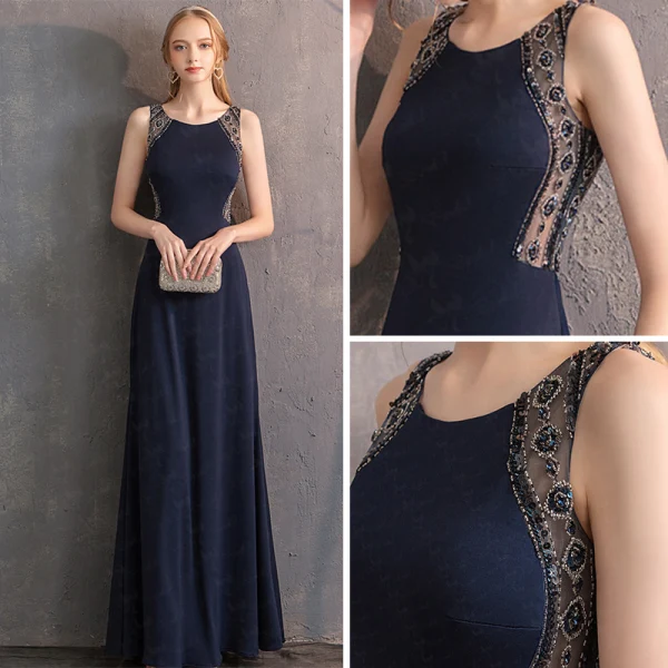Meilleur Bleu Marine Robe De Soirée 2019 Trompette / Sirène Encolure Dégagée Sans Manches Fait main Perlage Longue Dos Nu Robe De Ceremonie