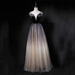 Sexy Black Gradient Color Champagne Prom Dresses 2018 A Line Princess Spaghetti Straps Sleeveless Floor Length Long Ruffle Backless Formal Dresses