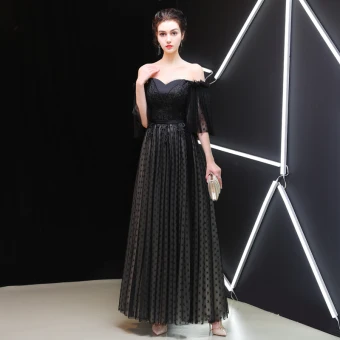 Chic Belle Noire Robe De Soirée 2019 Princesse De L 039 Épaule 1 2 Manches Ceinture Points Tulle Appliques En Dentelle Longue Volants Dos Nu Robe De Ceremonie