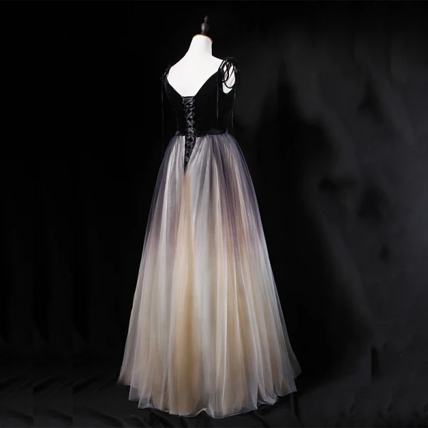 Sexy Black Gradient-Color Champagne Prom Dresses 2018 A-Line / Princess Spaghetti Straps Sleeveless Floor-Length / Long Ruffle Backless Formal Dresses