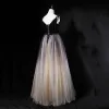 Sexy Black Gradient-Color Champagne Prom Dresses 2018 A-Line / Princess Spaghetti Straps Sleeveless Floor-Length / Long Ruffle Backless Formal Dresses