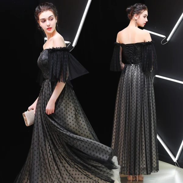Chic / Belle Noire Robe De Soirée 2019 Princesse De l'épaule 1/2 Manches Ceinture Points Tulle Appliques En Dentelle Longue Volants Dos Nu Robe De Ceremonie