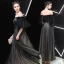Chic / Belle Noire Robe De Soirée 2019 Princesse De l'épaule 1/2 Manches Ceinture Points Tulle Appliques En Dentelle Longue Volants Dos Nu Robe De Ceremonie
