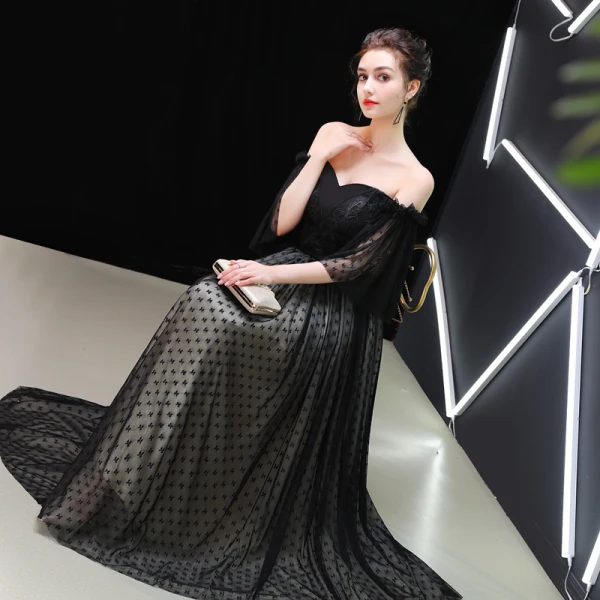 Chic / Belle Noire Robe De Soirée 2019 Princesse De l'épaule 1/2 Manches Ceinture Points Tulle Appliques En Dentelle Longue Volants Dos Nu Robe De Ceremonie