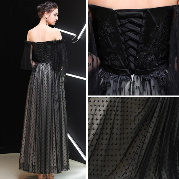 Chic / Belle Noire Robe De Soirée 2019 Princesse De l'épaule 1/2 Manches Ceinture Points Tulle Appliques En Dentelle Longue Volants Dos Nu Robe De Ceremonie