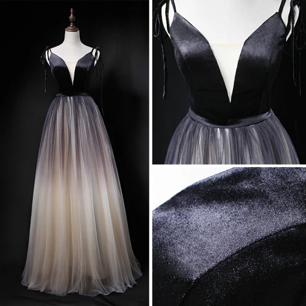 Sexy Black Gradient-Color Champagne Prom Dresses 2018 A-Line / Princess Spaghetti Straps Sleeveless Floor-Length / Long Ruffle Backless Formal Dresses