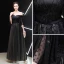 Chic / Belle Noire Robe De Soirée 2019 Princesse De l'épaule 1/2 Manches Ceinture Points Tulle Appliques En Dentelle Longue Volants Dos Nu Robe De Ceremonie