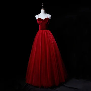 Moderne Mode Bordeaux Daim Robe De Bal 2019 Princesse Bretelles Spaghetti Sans Manches Longue Volants Dos Nu Robe De Ceremonie