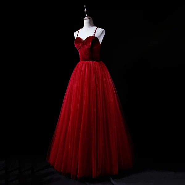 Modern / Fashion Burgundy Suede Prom Dresses 2019 A-Line / Princess Spaghetti Straps Sleeveless Floor-Length / Long Ruffle Backless Formal Dresses