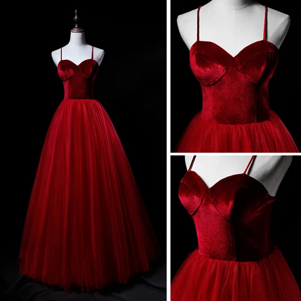 Modern / Fashion Burgundy Suede Prom Dresses 2019 A-Line / Princess Spaghetti Straps Sleeveless Floor-Length / Long Ruffle Backless Formal Dresses