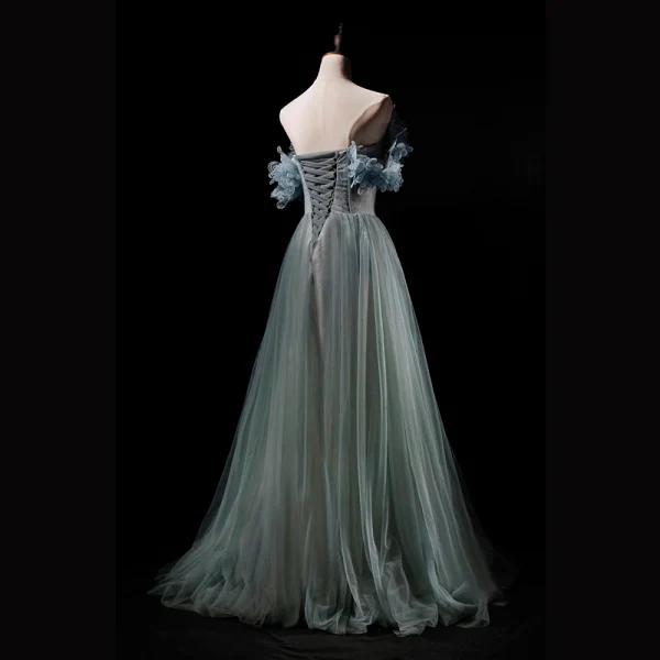 Classy Sage Green Prom Dresses 2019 Princess Strapless Sleeveless Floor-Length / Long Ruffle Backless Formal Dresses